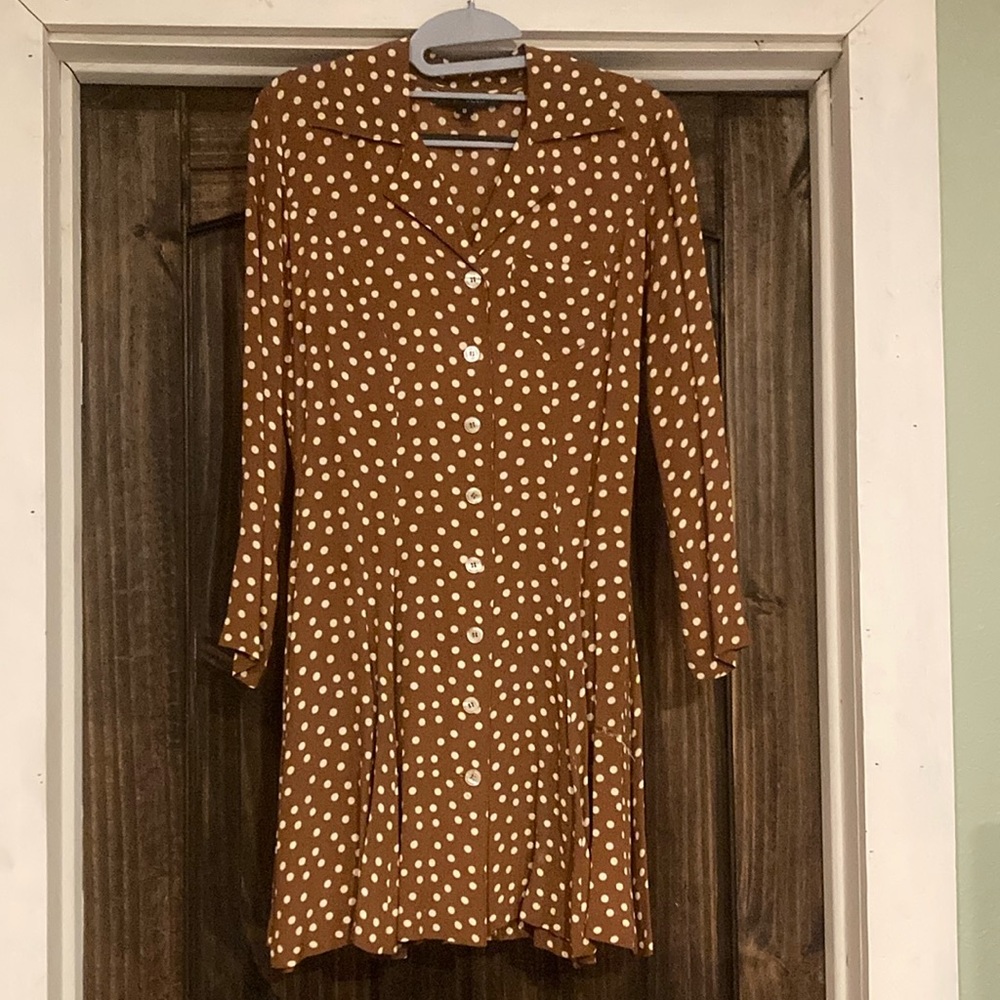 Vintage 90s Betsy Johnson Button Up long sleeve brown polka dot Dress